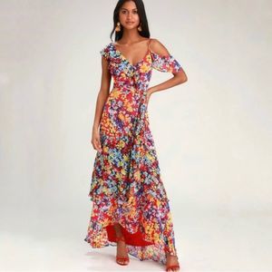 Lulu’s Radiant Ruby Red Floral Chiffon Maxi Dress size xs